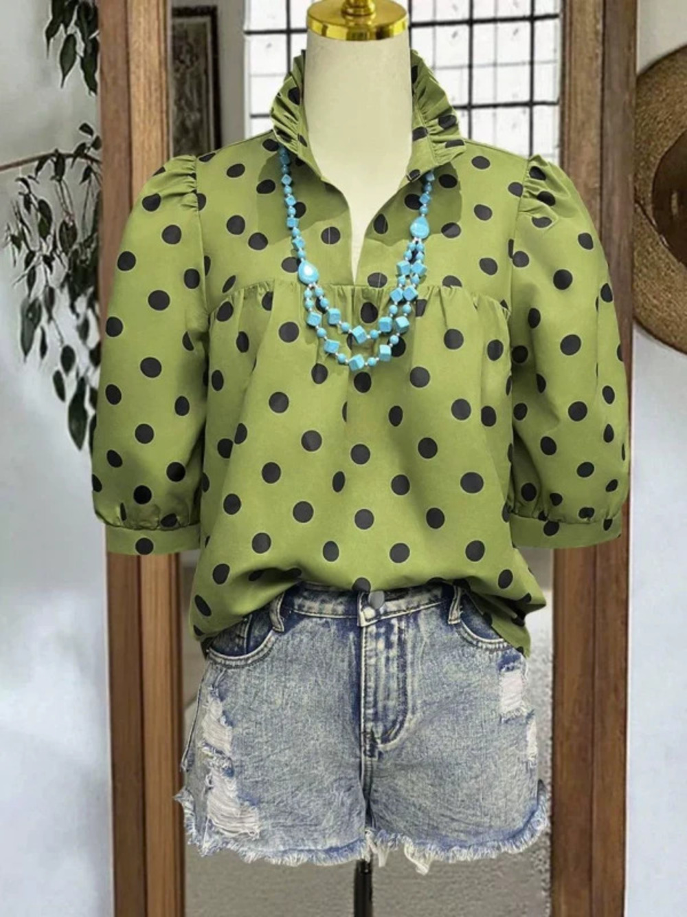 ZARA Printed Collar Three Quarter Sleeve Top